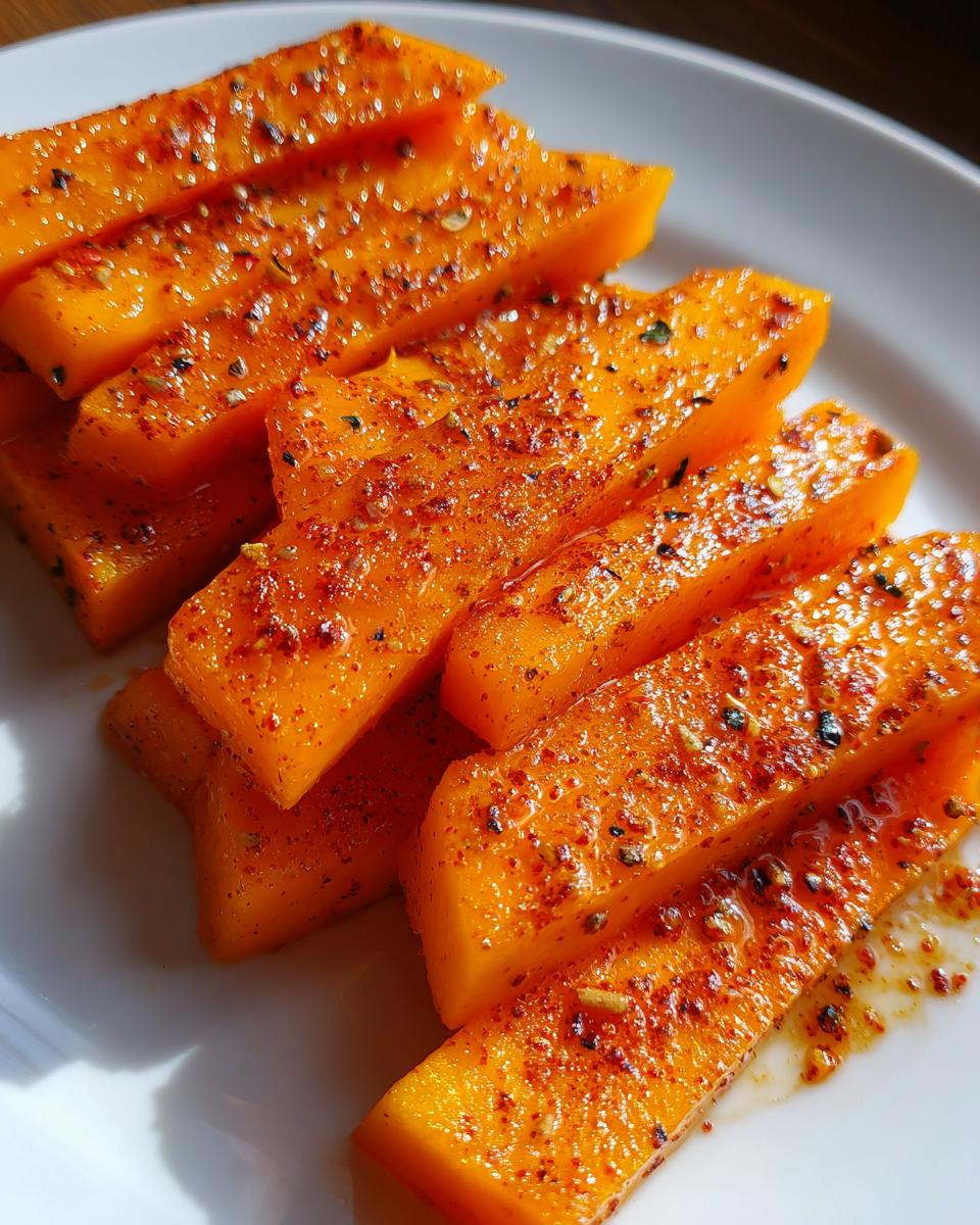 Close-up of mango tajin fruit snacks with chili seasoning on a white plate.