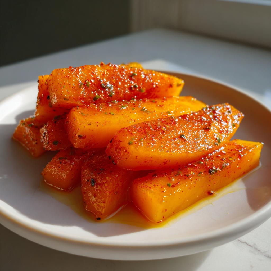 Slices of mango tajin fruit snacks sprinkled with chili powder on a white plate.