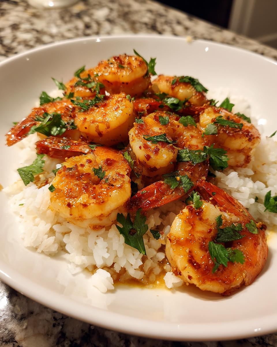 Spicy cooked shrimp garnished with herbs served on a bed of white rice in a white bowl.