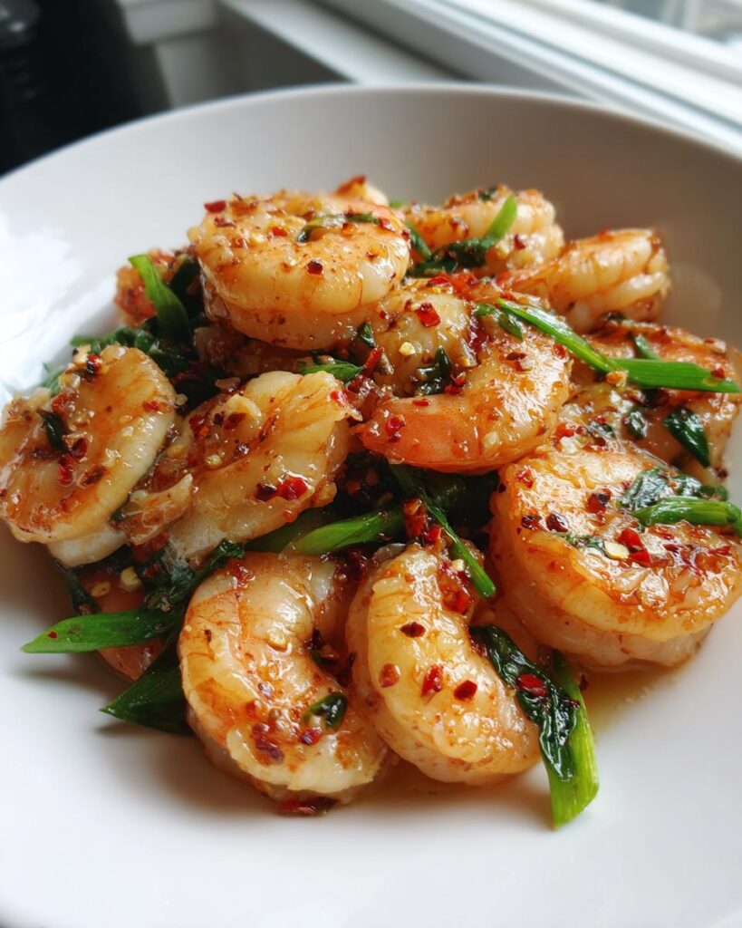 Close-up of spring garlic shrimp cooked with chili flakes and green herbs in a white bowl.