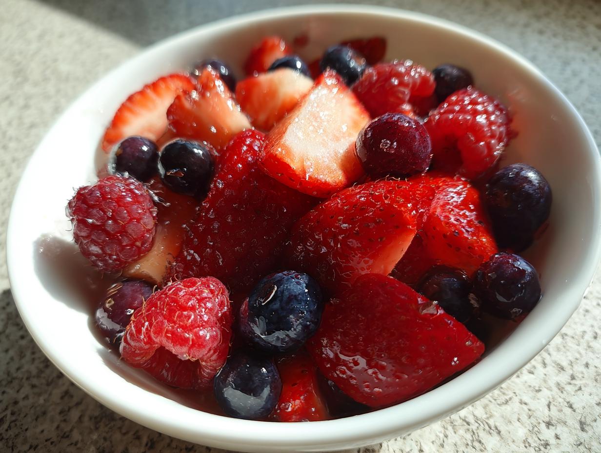 Bowl of fresh spring berry sweet treats with strawberries, raspberries, and blueberries.