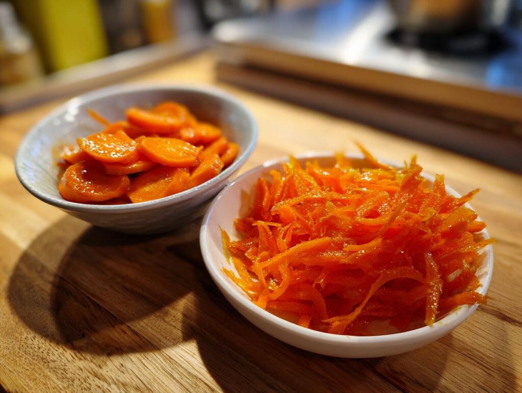 Two bowls with sliced and shredded spring carrot side dishes on a wooden surface.