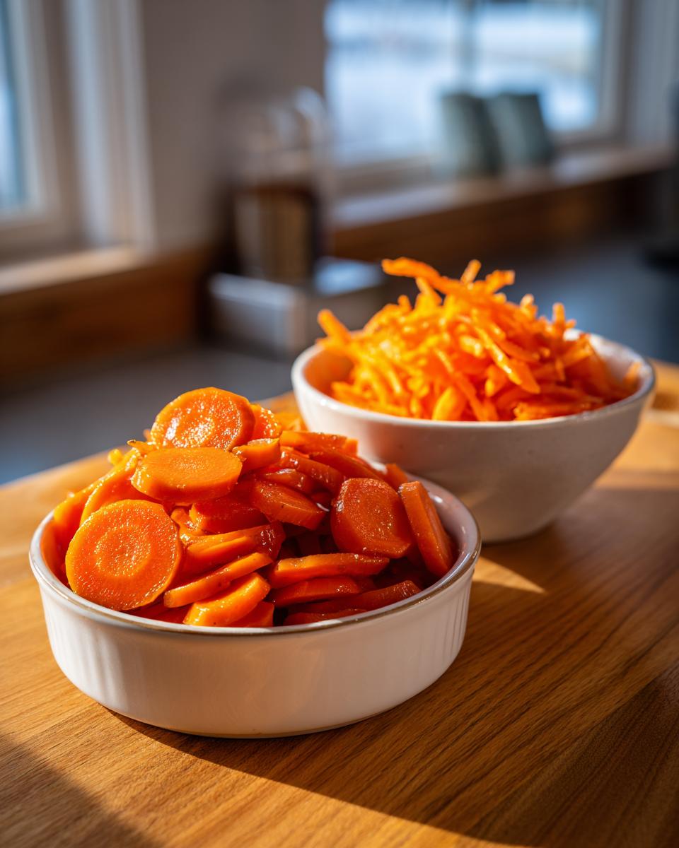 Two white bowls filled with sliced and shredded spring carrot side dishes on a wooden surface.