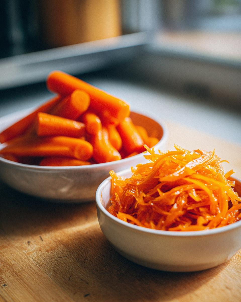 Two white bowls with spring carrot side dishes, one with baby carrots and one with shredded carrots.