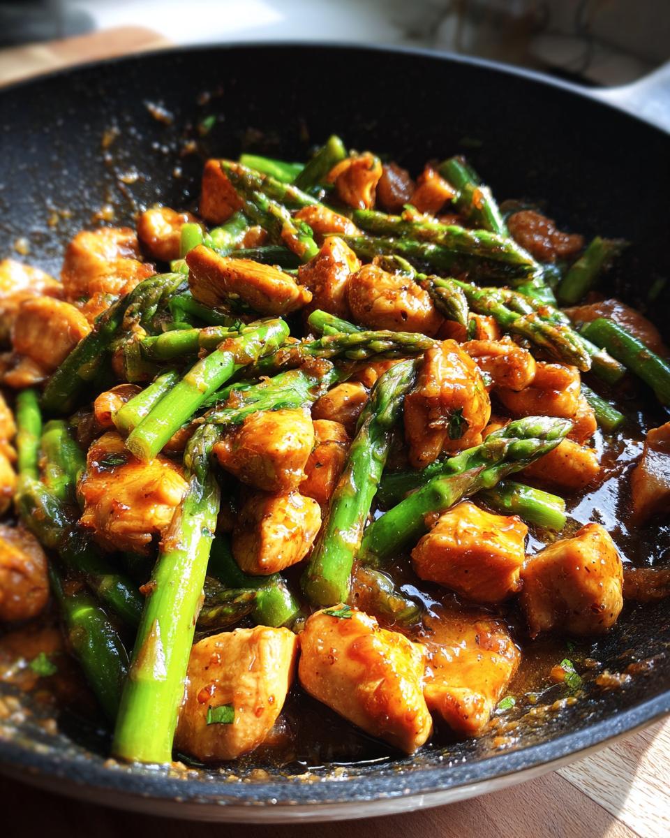 Sautéed chicken pieces with fresh asparagus in a savory sauce in a black skillet, seasonal spring comfort meals