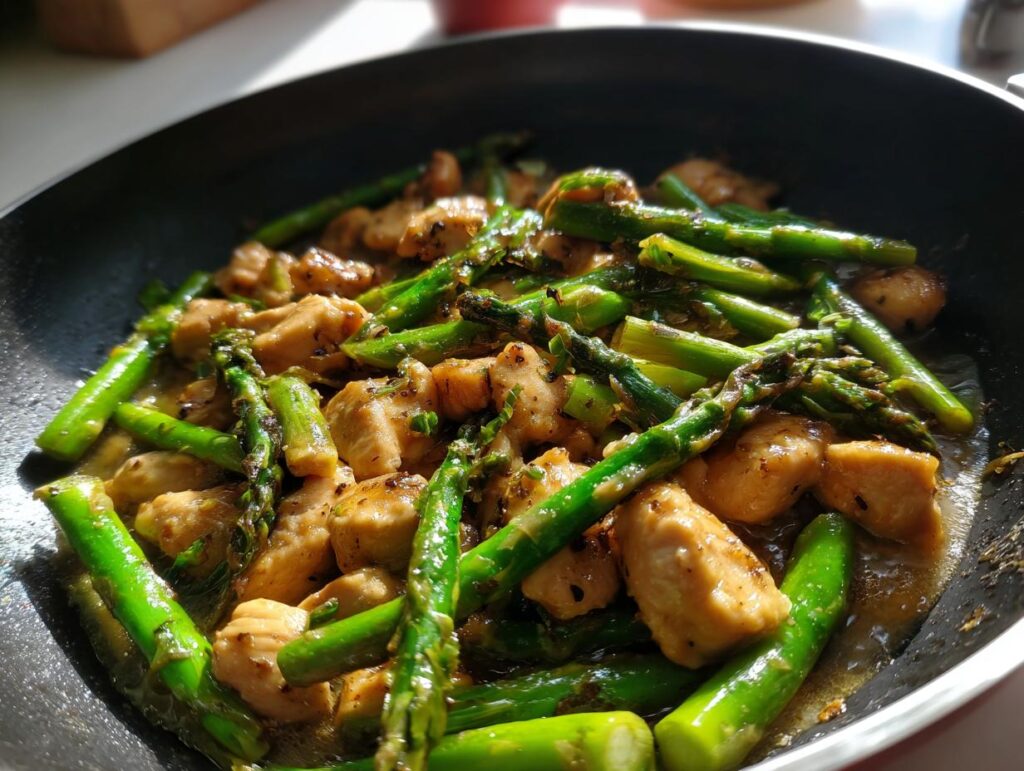 Sautéed chicken pieces and fresh asparagus in a black pan, a seasonal spring comfort meal.