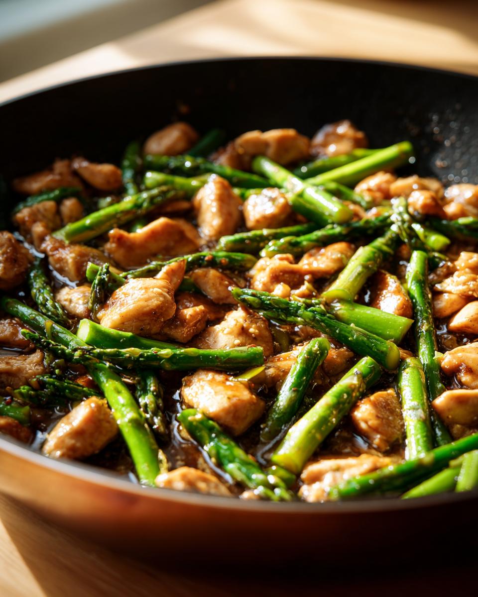 Chicken pieces and fresh asparagus stir fry in a pan, a perfect seasonal spring comfort meals dish.