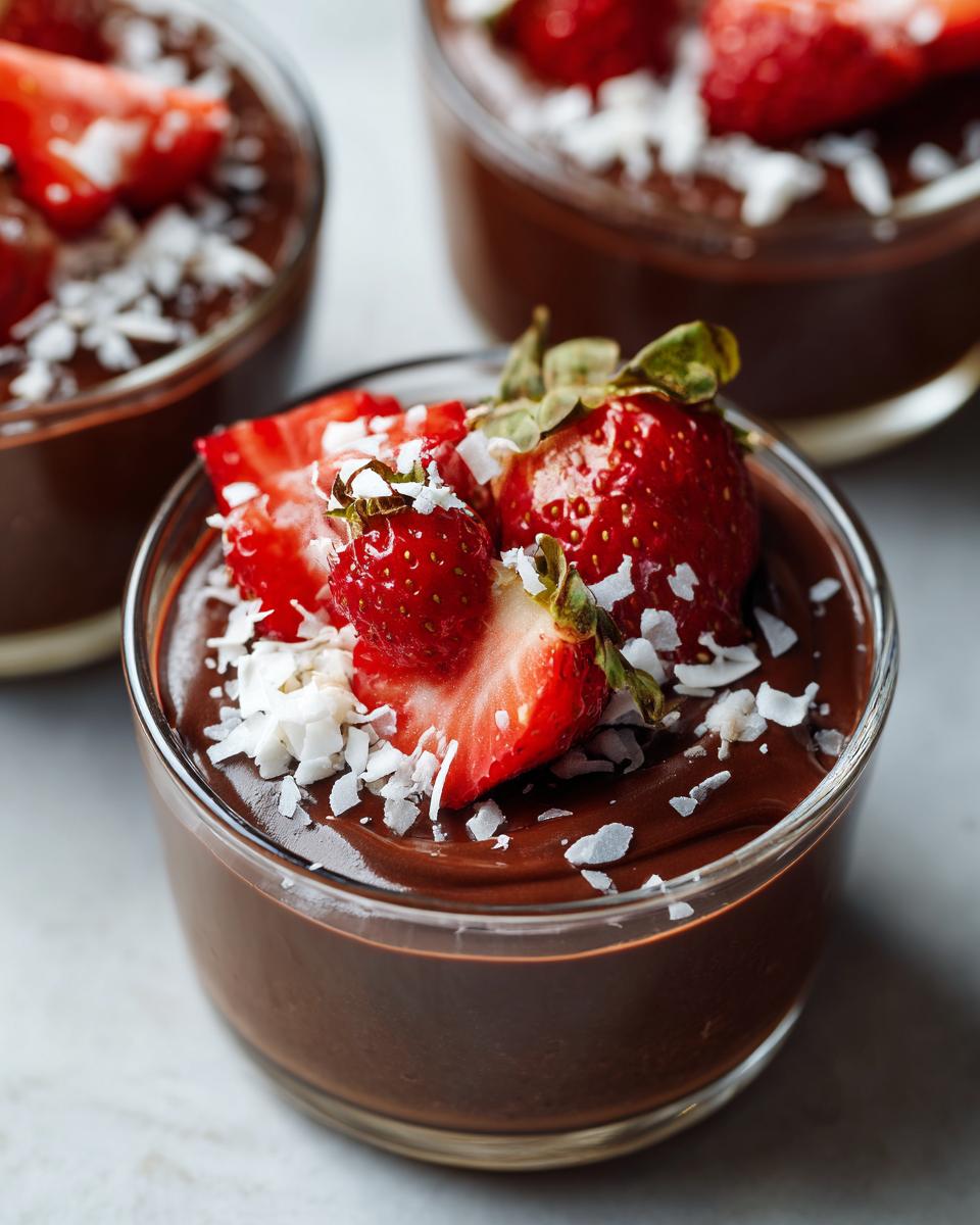 Glass cups of creamy chocolate dessert topped with fresh strawberries and coconut flakes