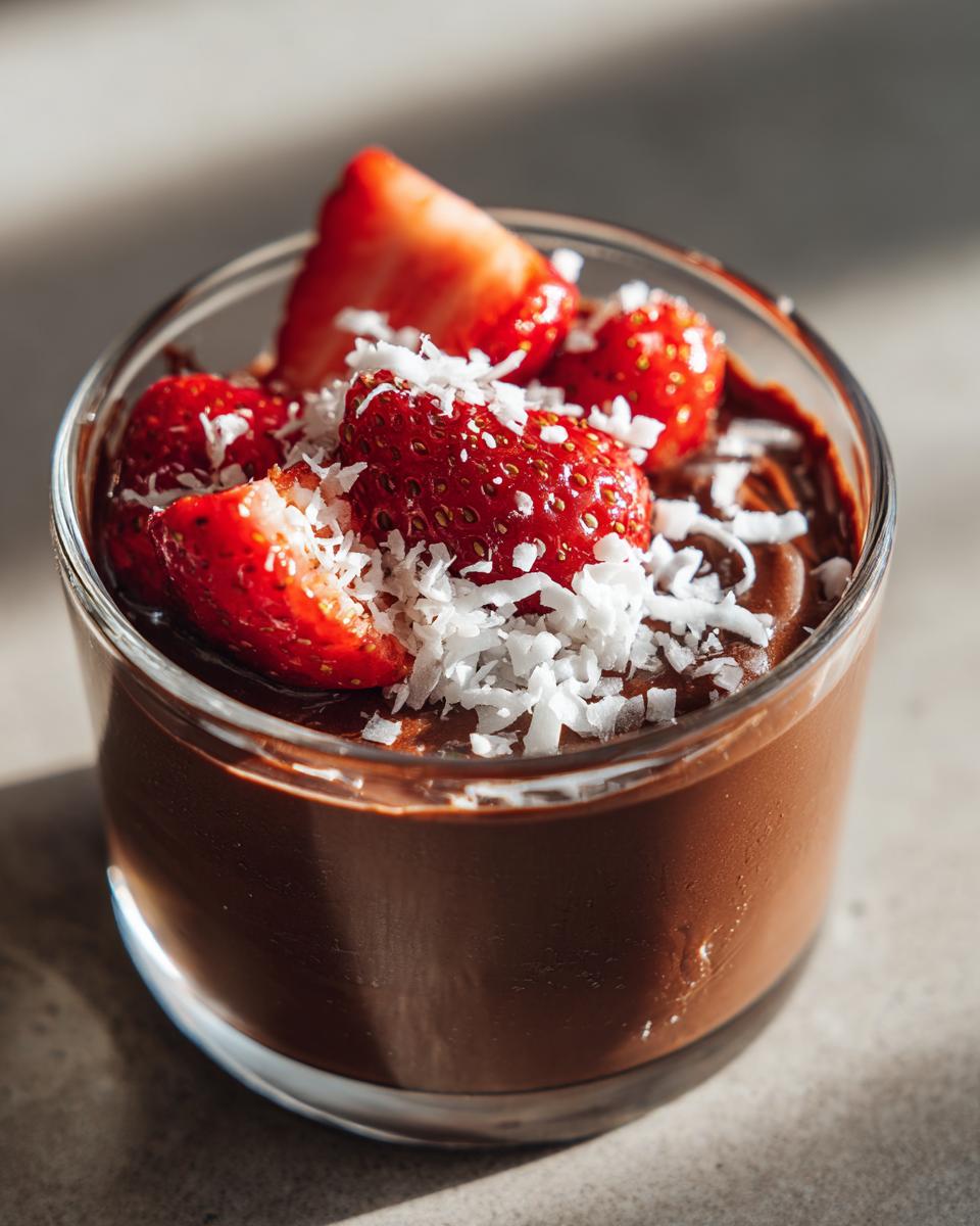 Glass cup filled with creamy chocolate snack topped with fresh strawberries and shredded coconut
