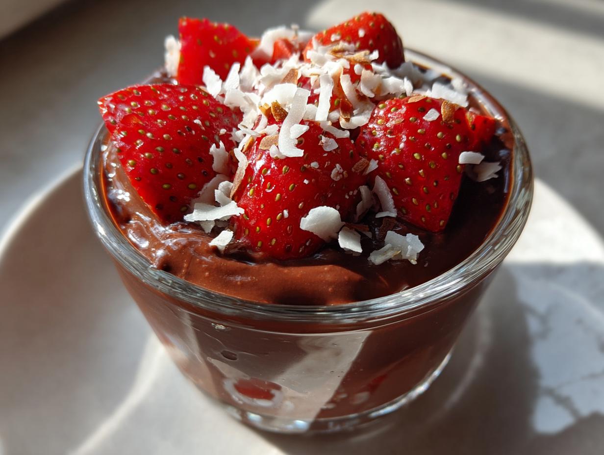 Glass cup filled with creamy spring chocolate snack topped with fresh strawberries and coconut flakes