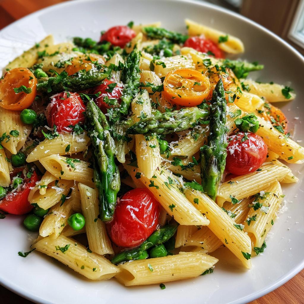 Plate of spring farmers market pasta with penne, asparagus, cherry tomatoes, peas, and herbs.