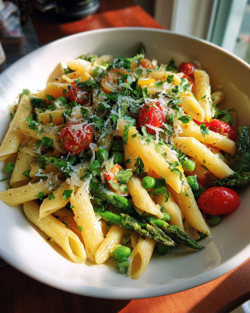 Bowl of spring farmers market pasta with penne, asparagus, peas, cherry tomatoes, and grated cheese