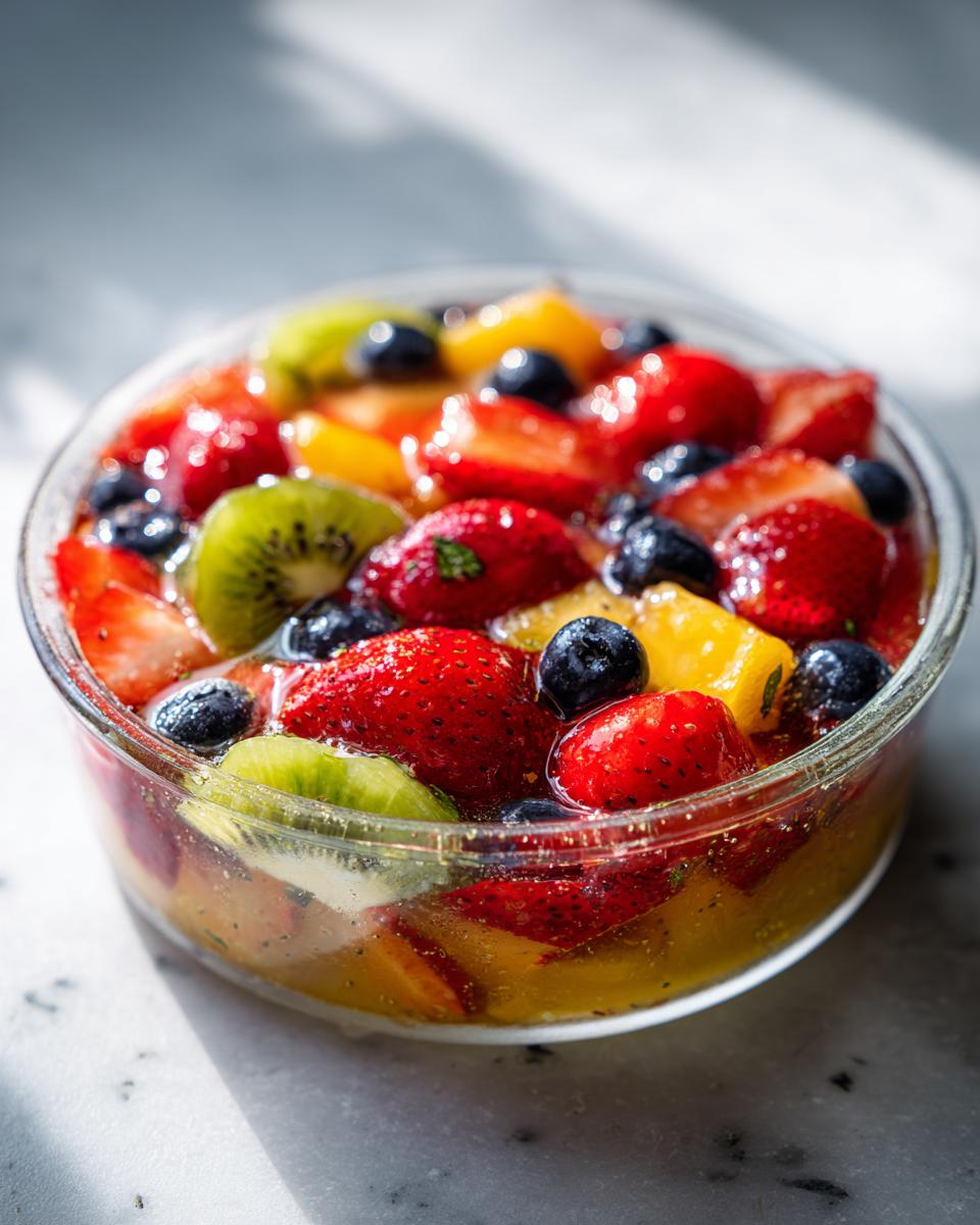 Glass bowl filled with vibrant spring fruit dessert recipes including strawberries, kiwi, blueberries, and mango.