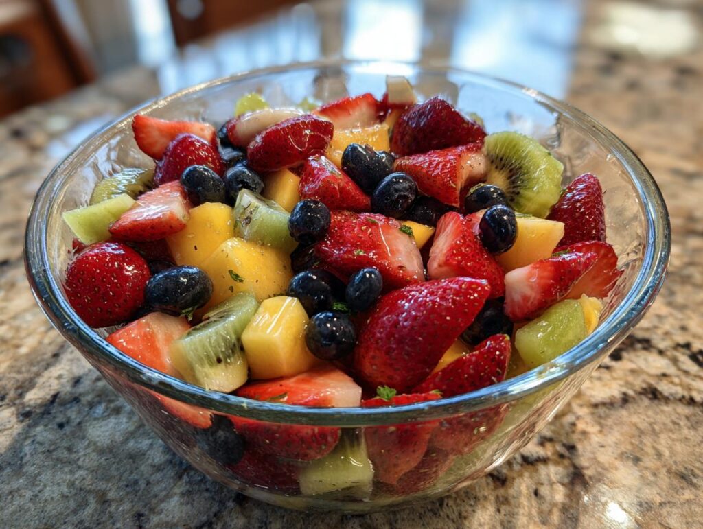 Glass bowl filled with fresh strawberries, blueberries, kiwi, and mango fruit salad for spring fruit dessert recipes