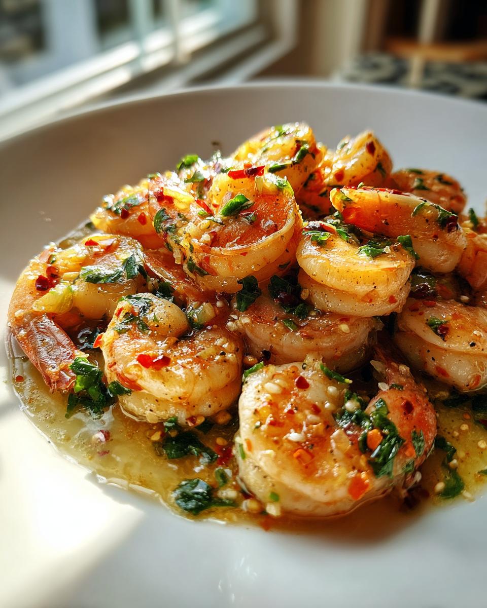 Close-up of garlic butter shrimp garnished with herbs and red chili flakes in a white bowl.