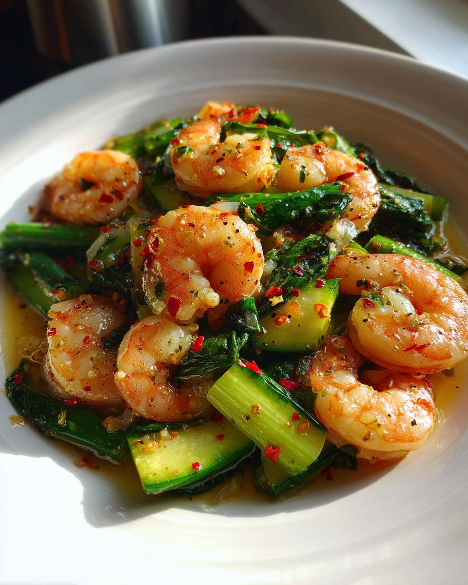 Close-up of sautéed shrimp with spring garlic and green vegetables in a white bowl