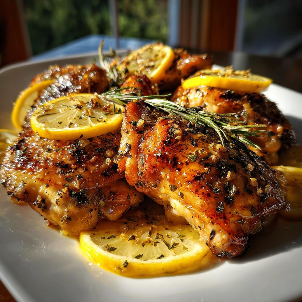 Close-up of spring lemon chicken recipes featuring herb-seasoned chicken thighs garnished with lemon slices and rosemary.