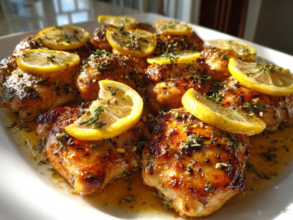 Close-up of spring lemon chicken recipes with grilled thighs topped with lemon slices and herbs.