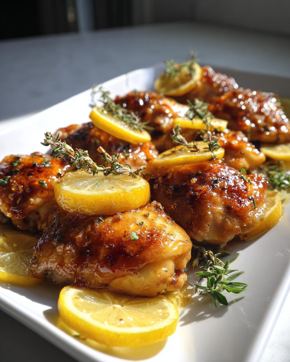 Glazed spring lemon chicken thighs garnished with lemon slices and fresh herbs on a white plate.