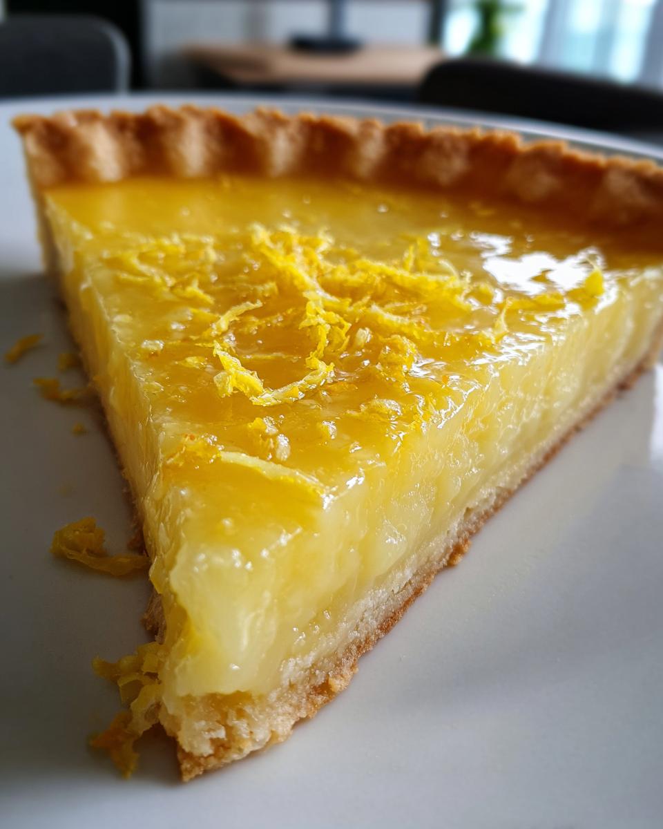 Close-up of a slice of lemon tart with lemon zest on top, showcasing spring lemon sweet recipes.
