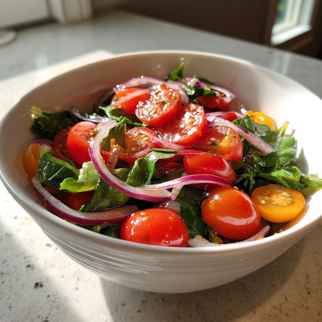 Bowl of fresh salad with cherry tomatoes, red onions, and leafy greens for spring light dinner ideas