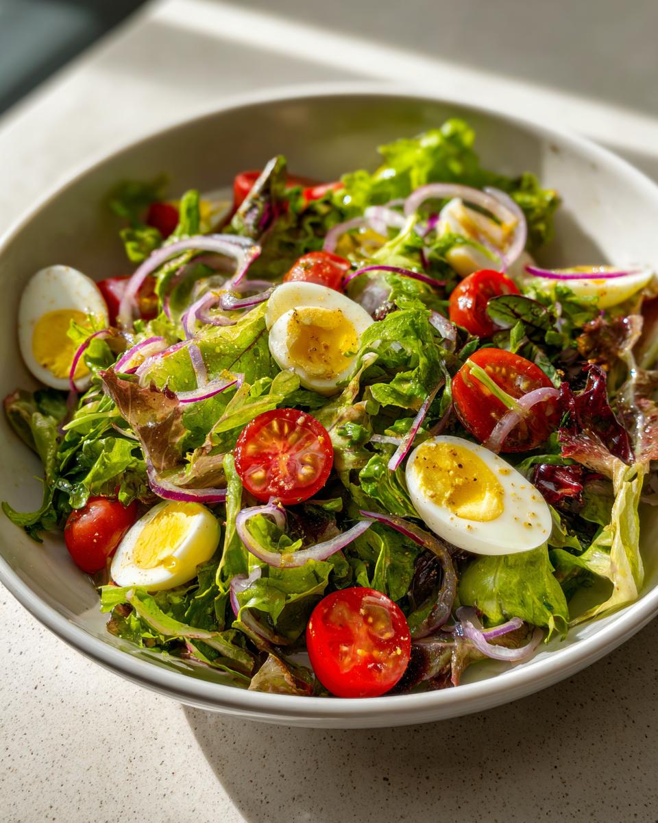 Bowl of fresh spring salad with leafy greens, cherry tomatoes, sliced boiled eggs, and red onion