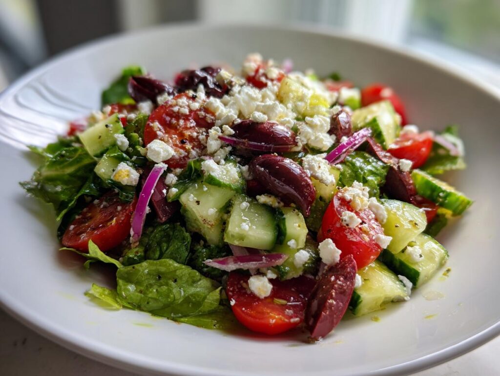 Close-up of a Spring Mediterranean salad with cucumbers, cherry tomatoes, olives, red onions, feta, and greens.