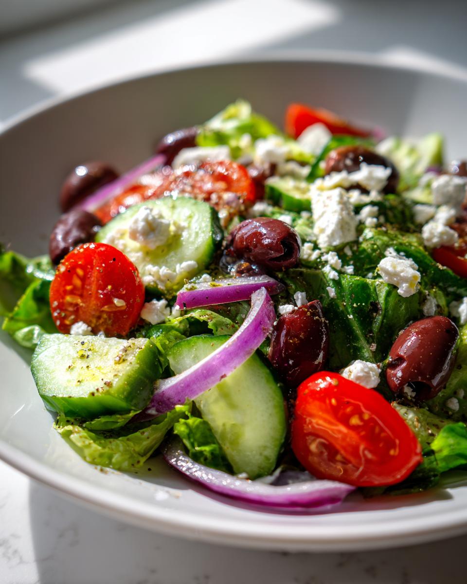 Close-up of a Spring Mediterranean salad with cucumbers, cherry tomatoes, red onions, olives, and feta cheese.