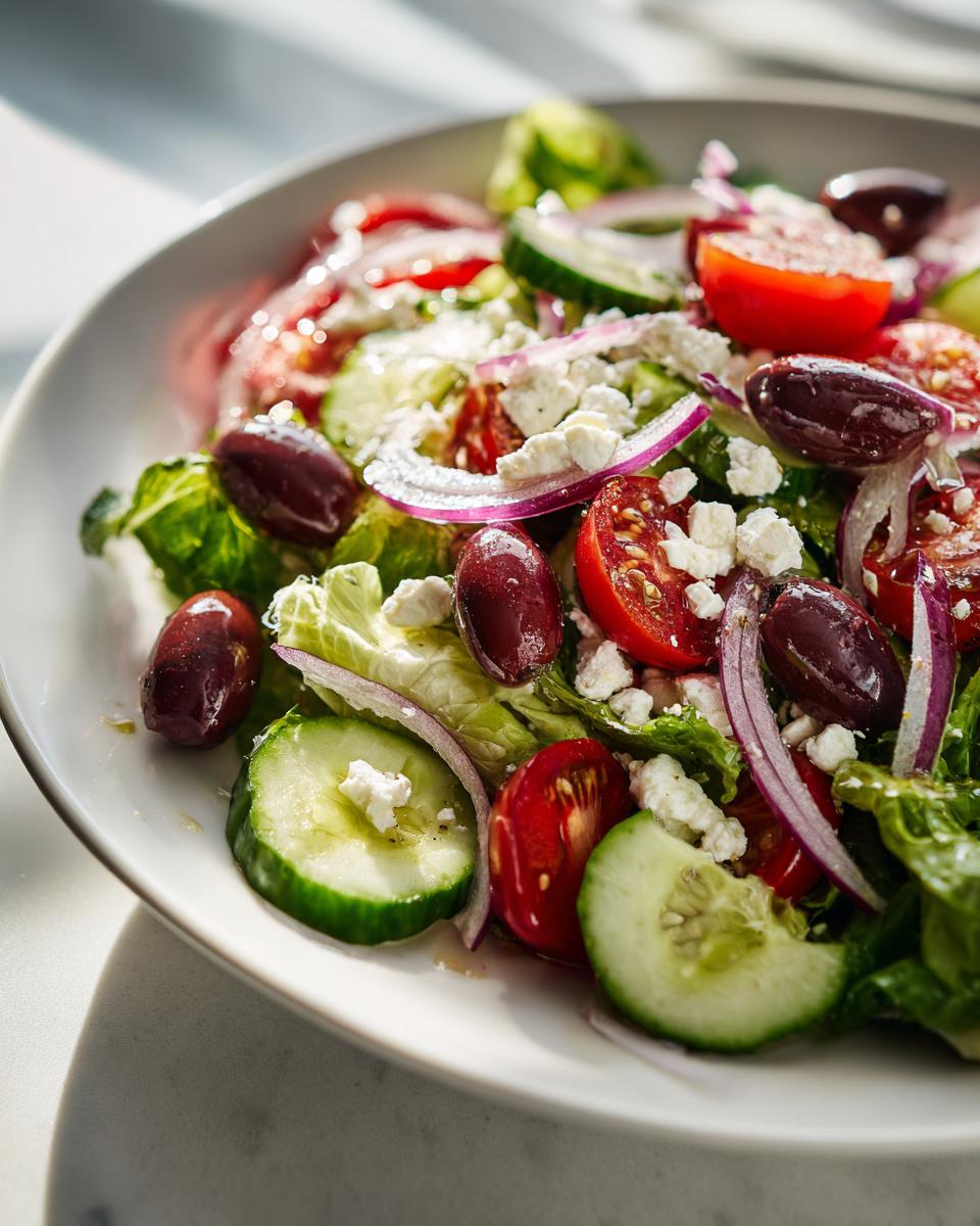 Close-up of a Spring Mediterranean salad with cucumbers, cherry tomatoes, olives, red onion, feta cheese, and lettuce.