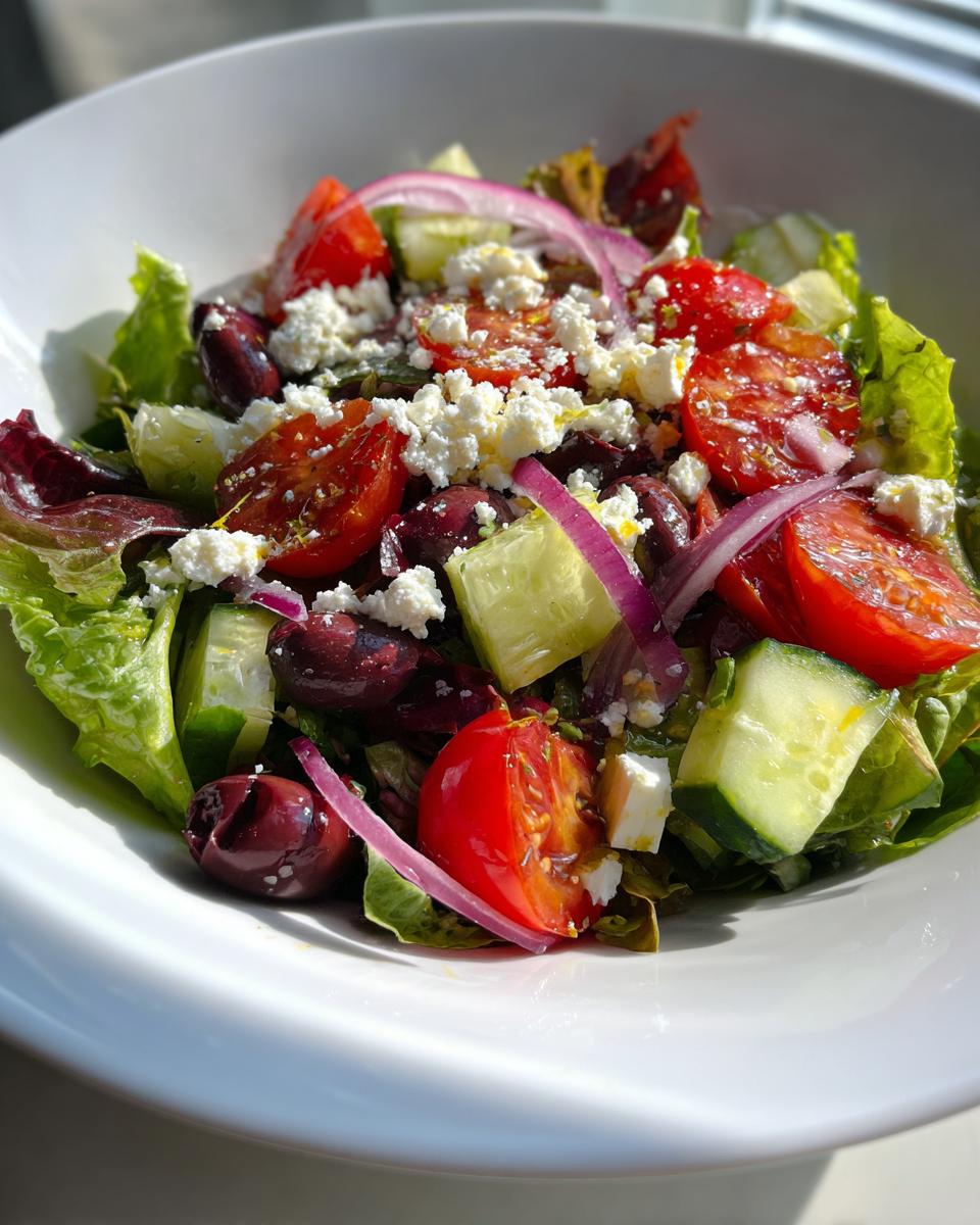 Bowl of spring Mediterranean salad with tomatoes, cucumbers, olives, red onions, feta cheese, and lettuce.