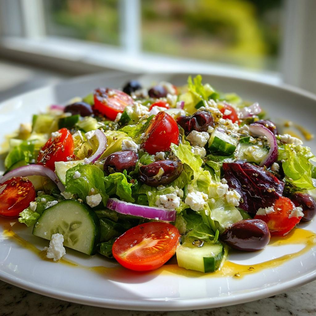 Plate of spring Mediterranean salad with cherry tomatoes, cucumbers, olives, red onion, feta, and greens.