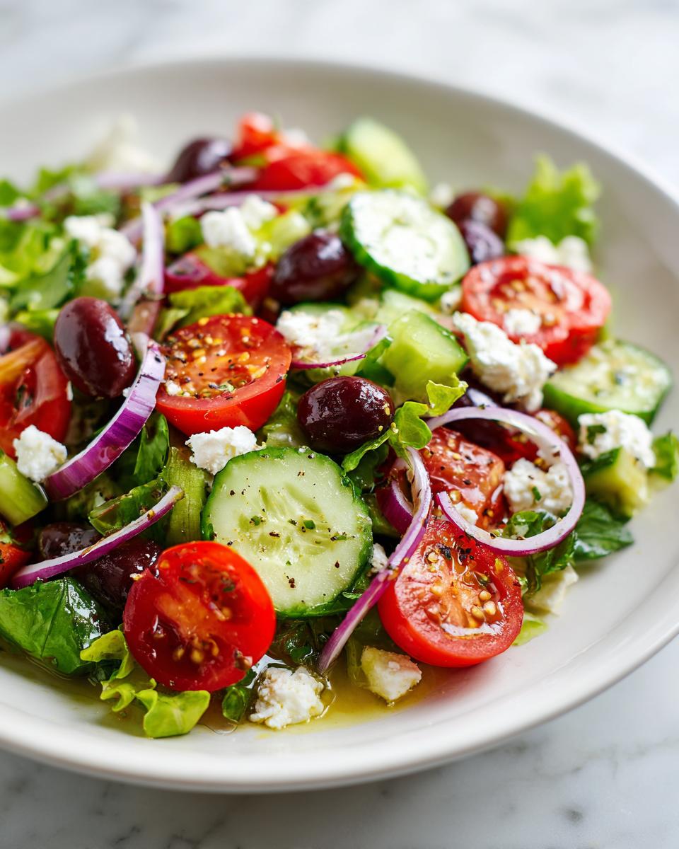 Close-up of a vibrant Spring Mediterranean salad with cherry tomatoes, cucumbers, olives, red onions, and feta cheese.