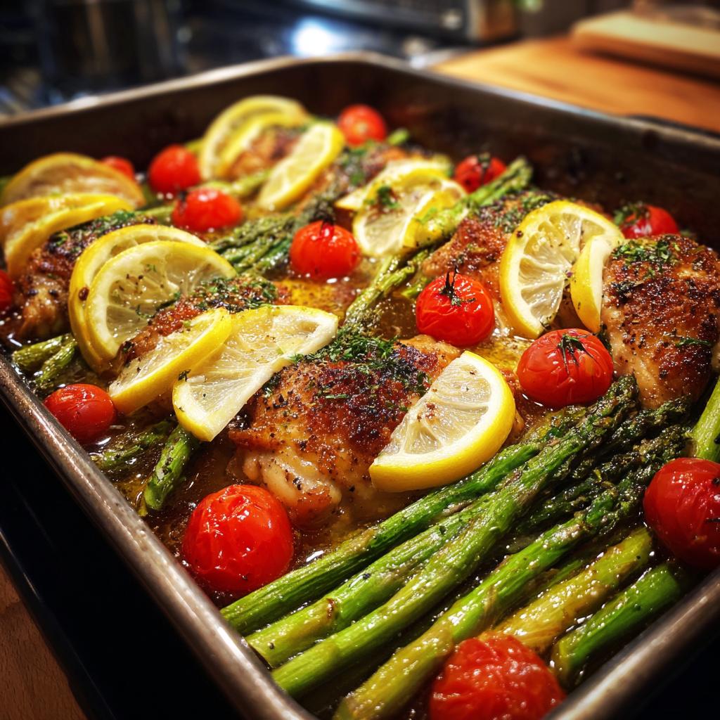 Spring oven baked chicken thighs with lemon slices, asparagus, and cherry tomatoes in a roasting pan.