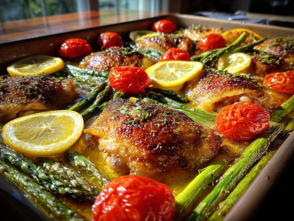 Close-up of spring oven baked chicken thighs with asparagus, cherry tomatoes, and lemon slices in a baking tray.