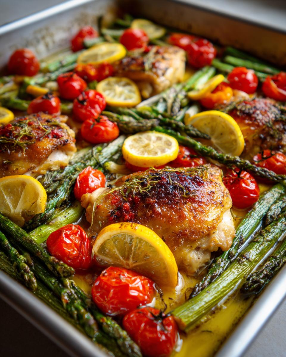 Spring oven baked chicken thighs with roasted asparagus, cherry tomatoes, and lemon slices in a baking tray.