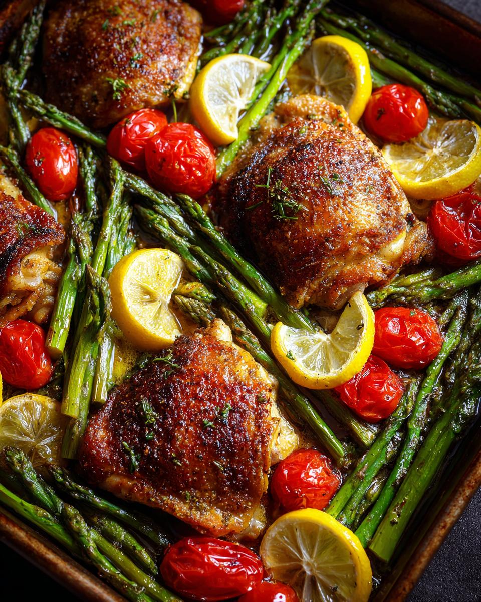 Oven baked spring chicken thighs with roasted asparagus, cherry tomatoes, and lemon slices.