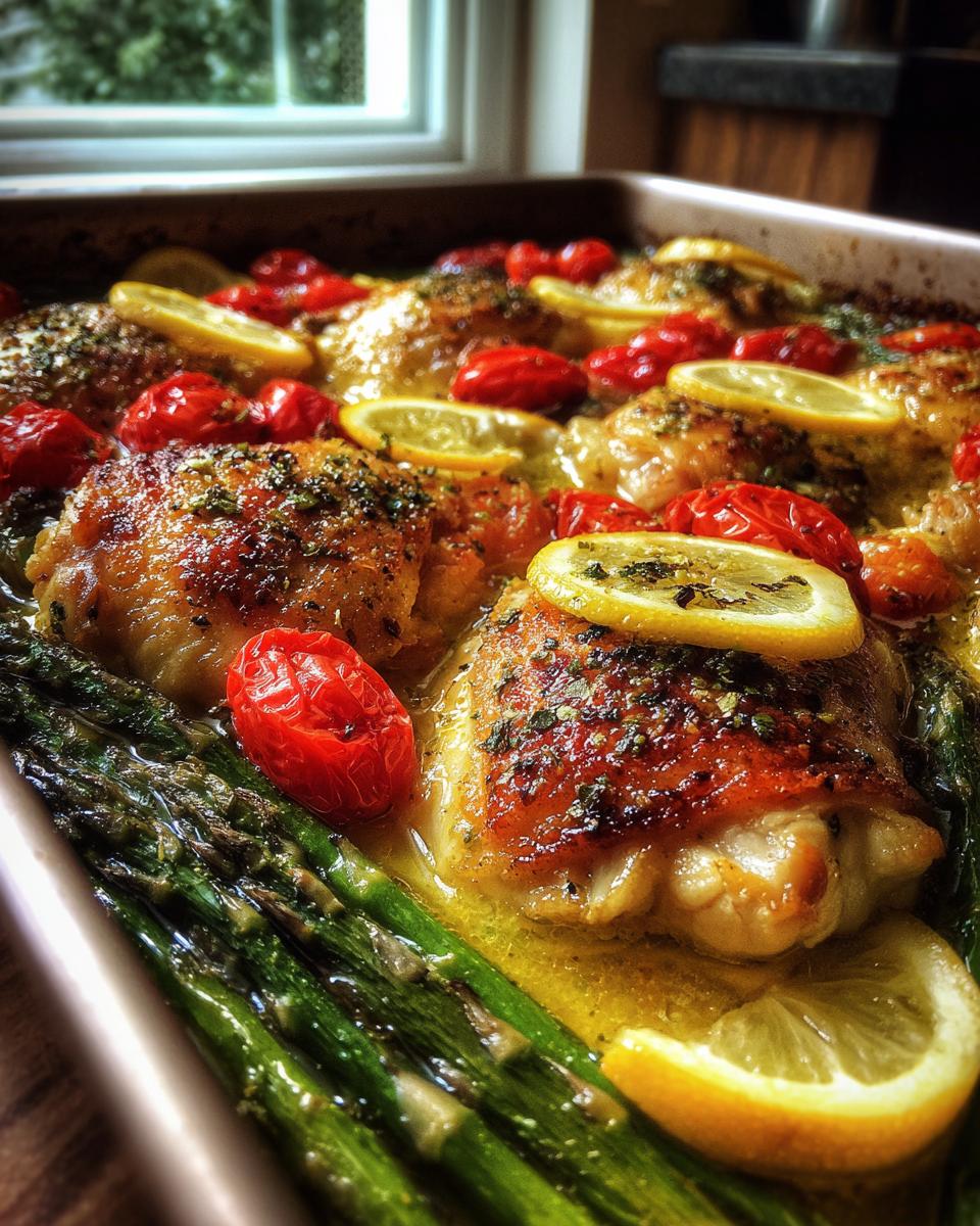 Close-up of spring oven baked chicken thighs with lemon slices, cherry tomatoes, and asparagus in a baking dish.