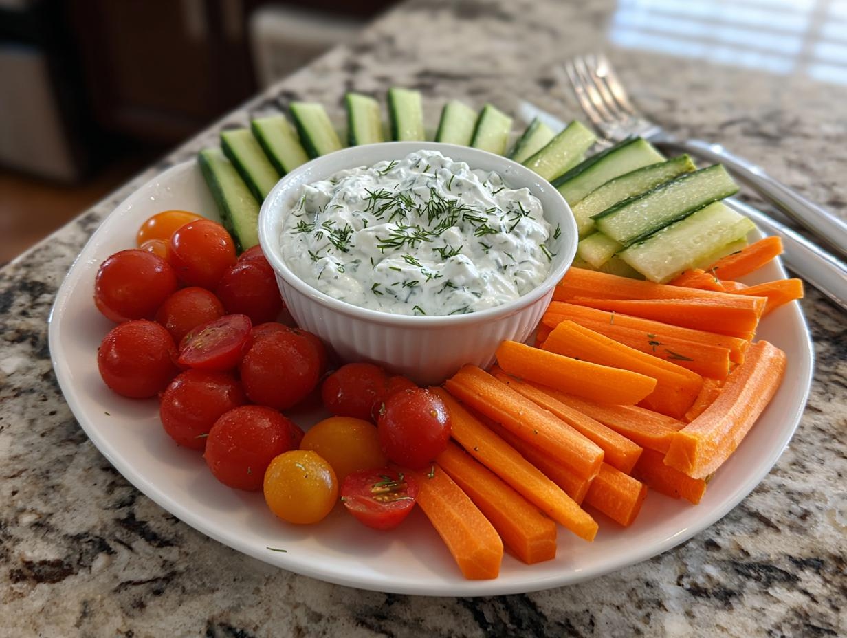 Plate of fresh cherry tomatoes, cucumber sticks, carrot sticks with creamy herb dip for spring picnic snack ideas