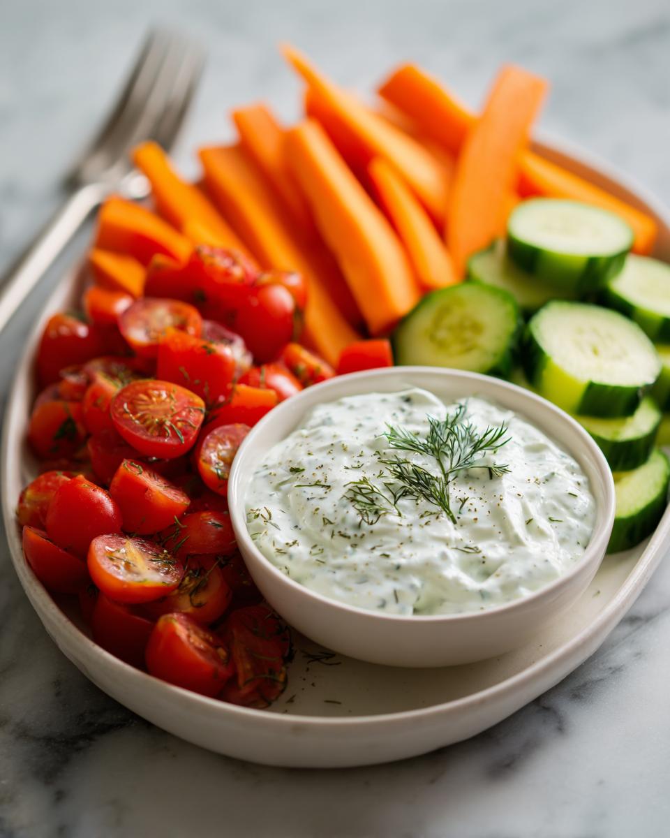 Plate of cherry tomatoes, carrot sticks, cucumber slices with creamy herb dip for spring picnic snack ideas
