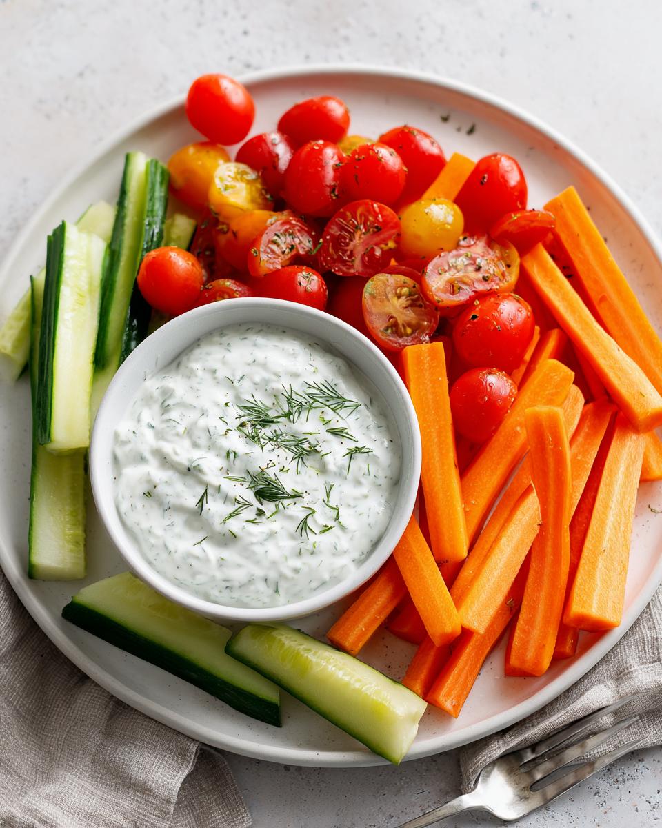 Plate of fresh cucumber sticks, carrot sticks, cherry tomatoes, and creamy herb dip for spring picnic snack ideas.