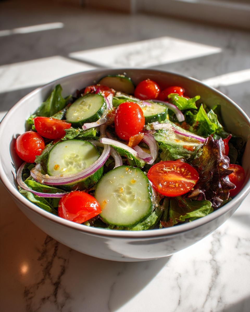 Bowl of fresh salad with cucumbers, cherry tomatoes, red onions, and leafy greens for spring potluck side dishes