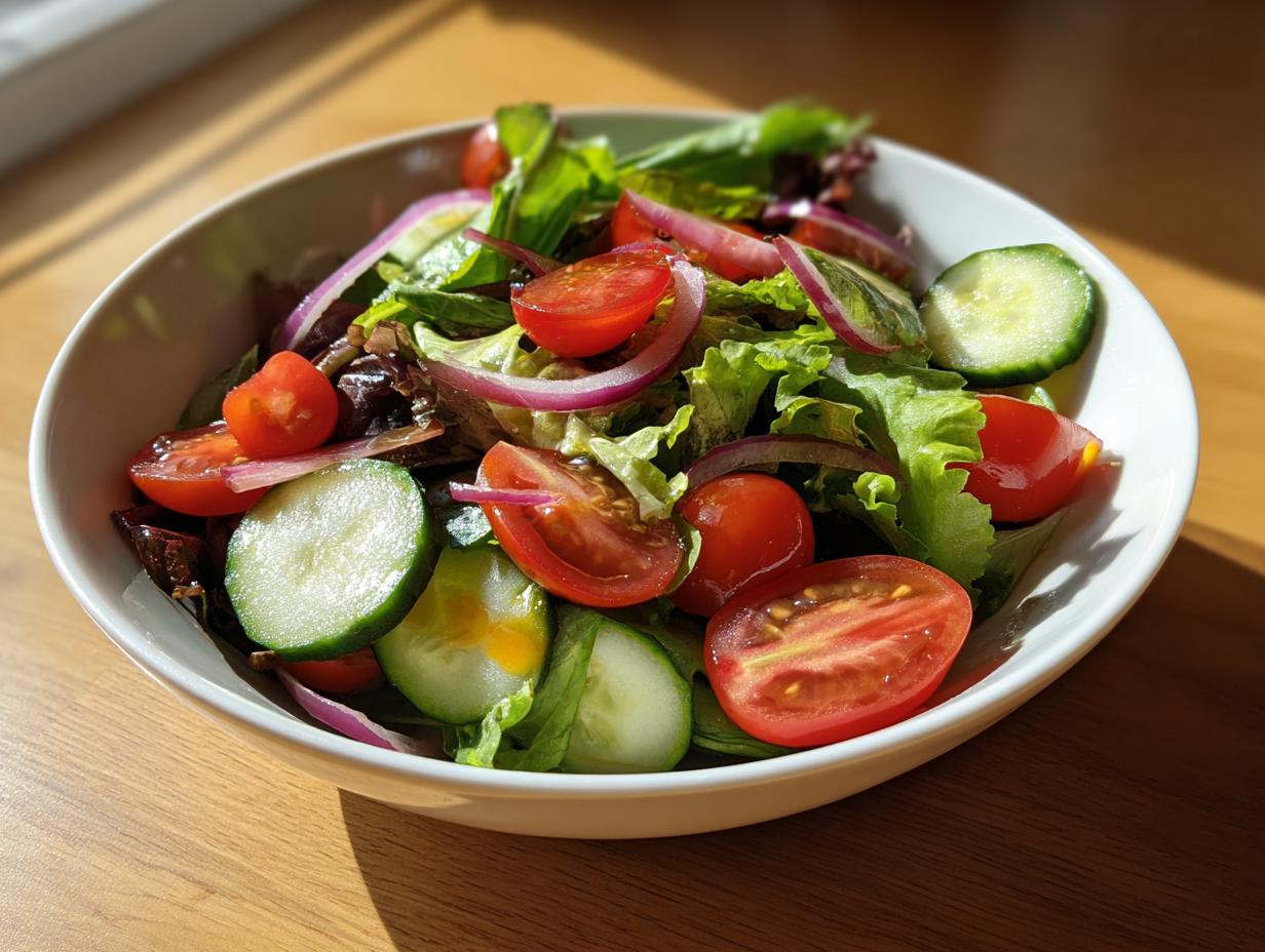 Bowl of fresh salad with lettuce, cherry tomatoes, cucumber slices, and red onion for spring potluck side dishes