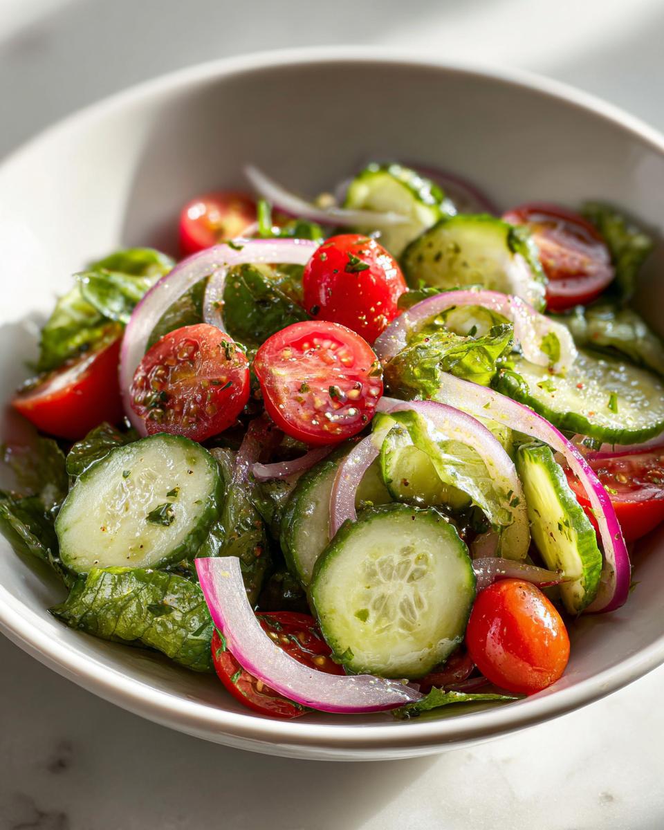 Bowl of fresh cucumber tomato salad with red onions and greens, a perfect spring potluck side dish.