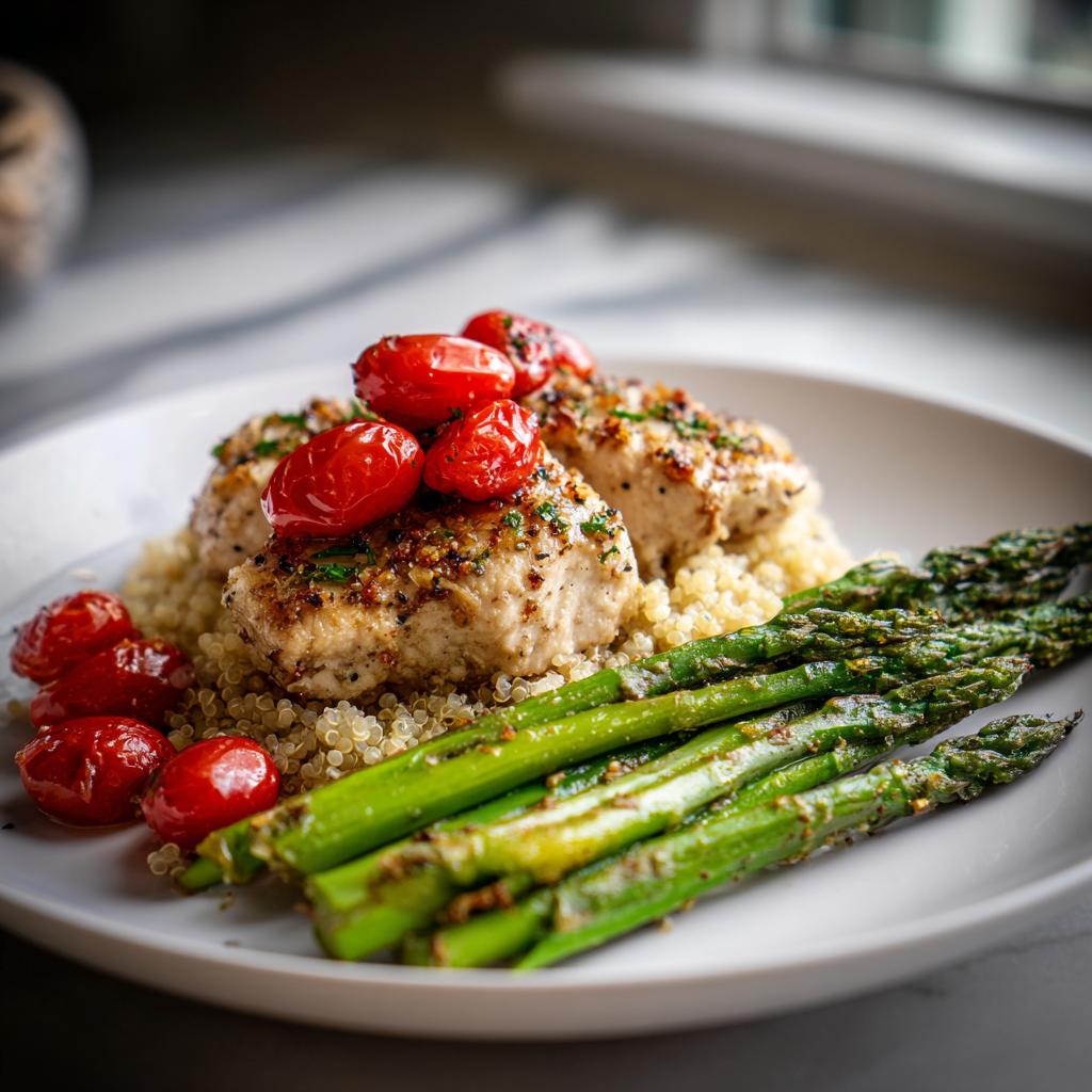Grilled chicken with roasted cherry tomatoes, quinoa, and asparagus on a white plate, spring protein packed meals