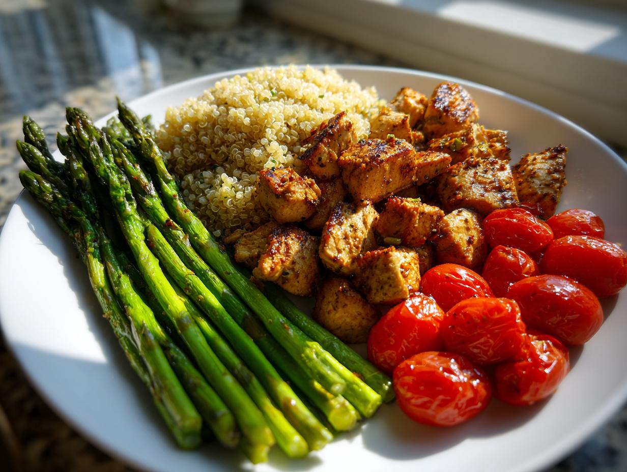 Plate with spring protein packed meals including grilled chicken, asparagus, quinoa, and roasted tomatoes.