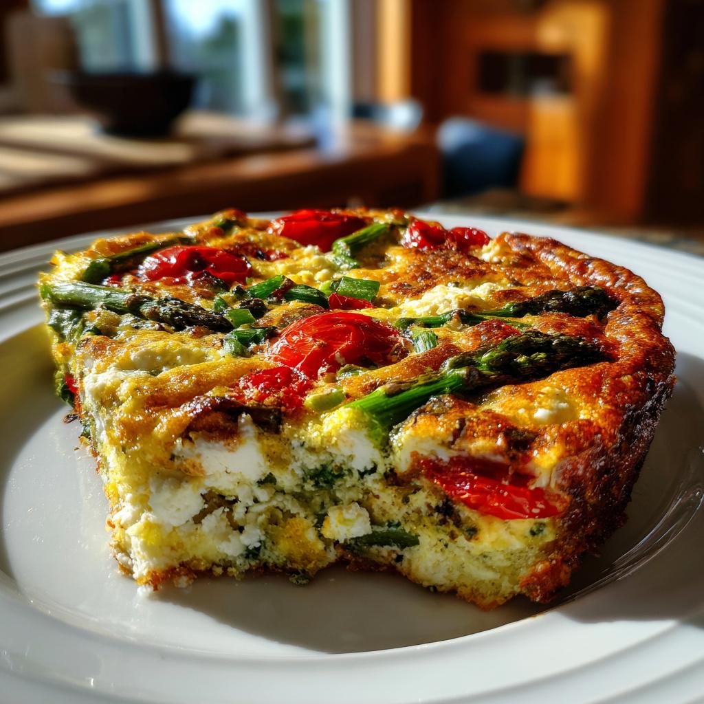 Close-up of a slice of spring vegetable frittata with asparagus and cherry tomatoes on a white plate