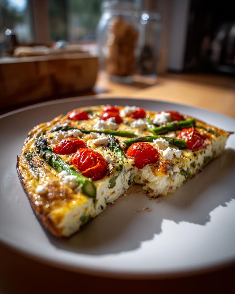 Slice of spring vegetable frittata with asparagus, cherry tomatoes, and cheese on a white plate