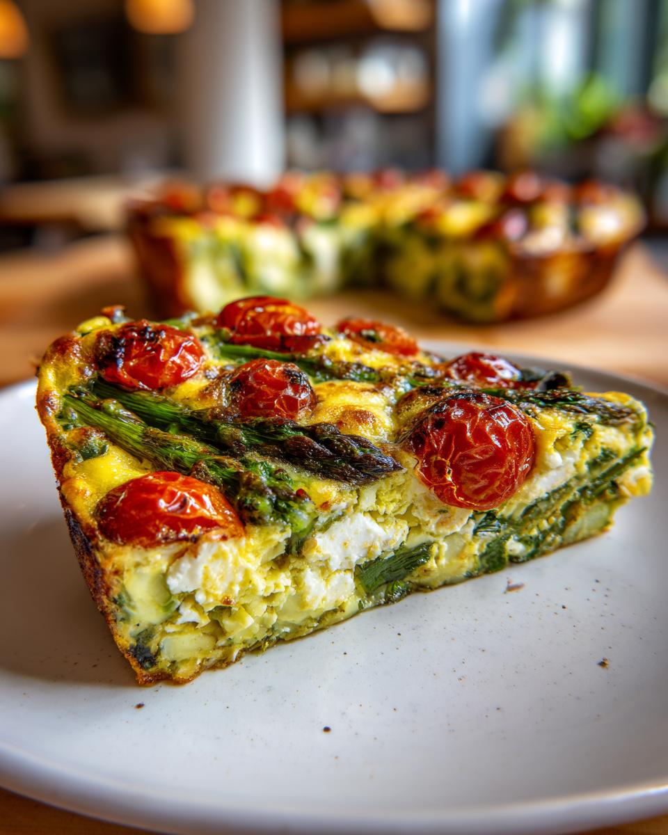 Close-up of a slice of spring vegetable frittata with asparagus and cherry tomatoes