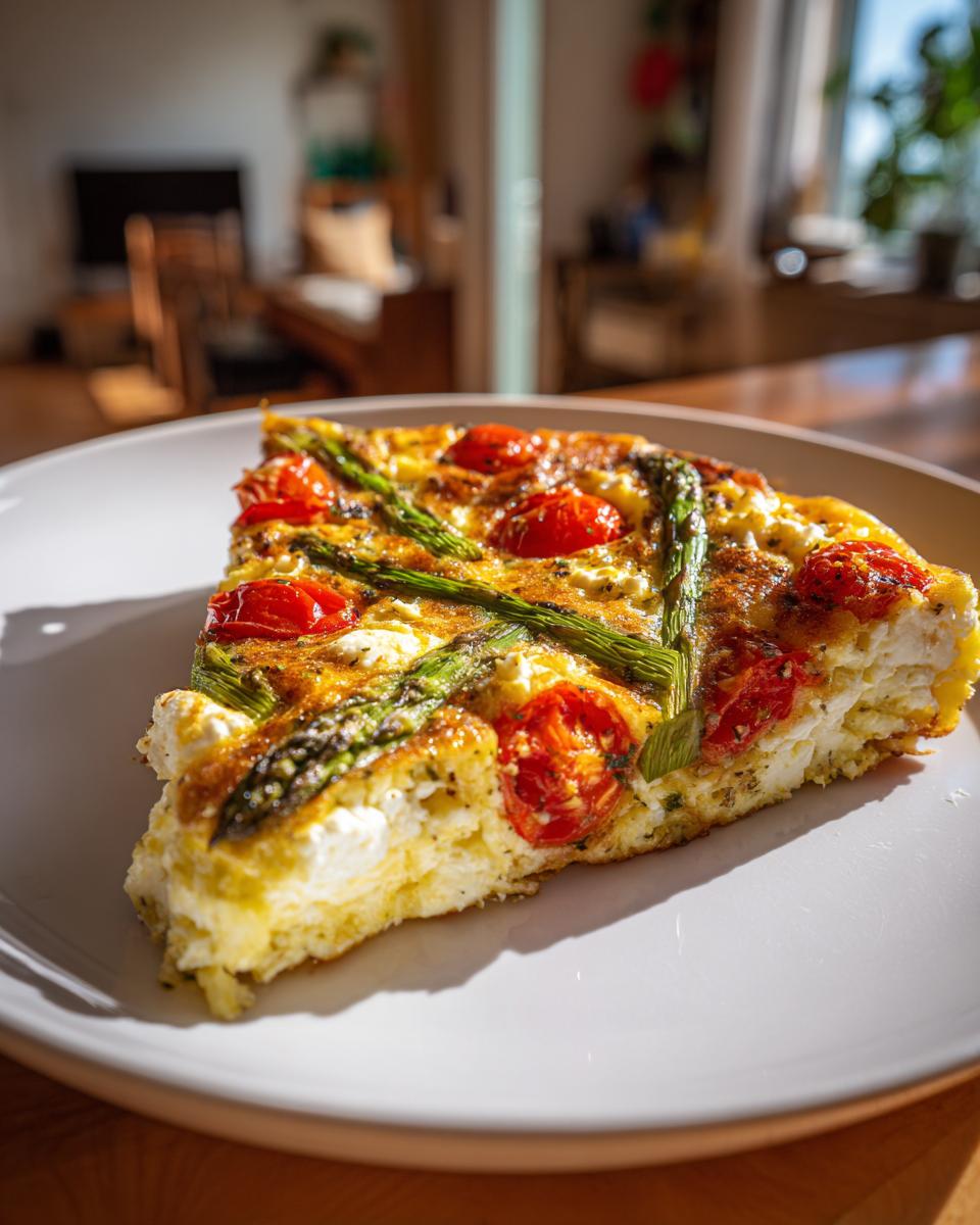 Slice of spring vegetable frittata with asparagus and cherry tomatoes on a white plate