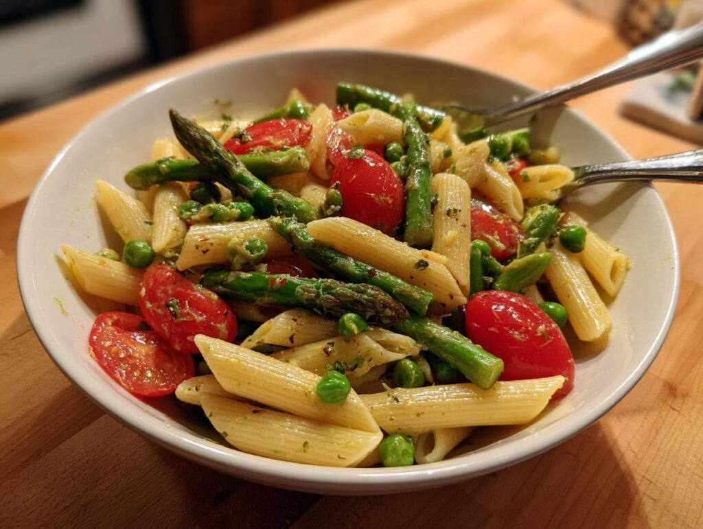 Bowl of spring veggie pasta recipes with penne, asparagus, peas, and cherry tomatoes.